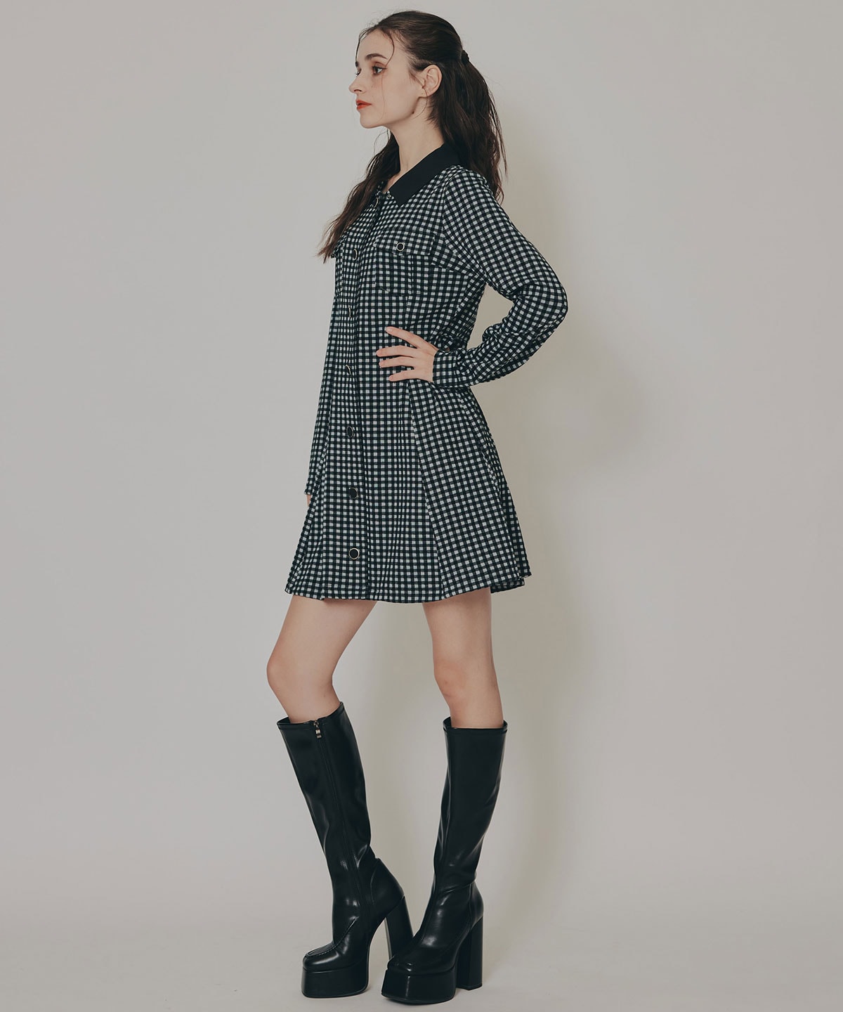 チェックバイカラーカットミニワンピース