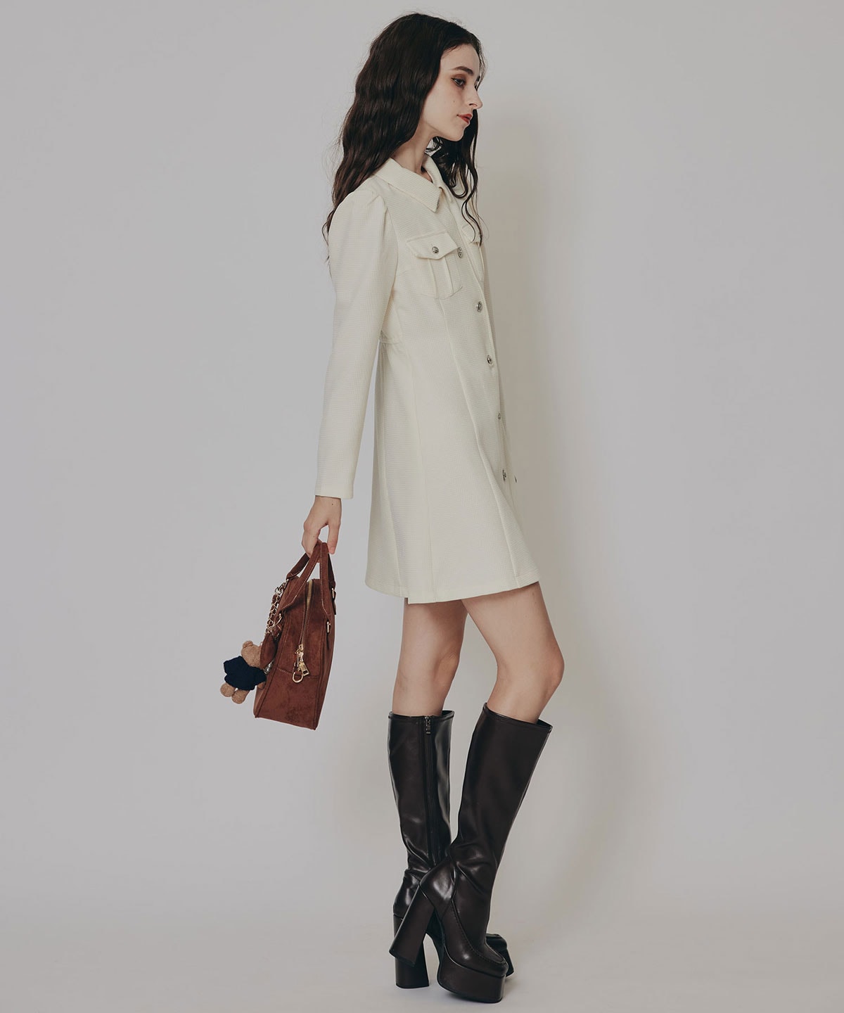 エンブレムボタンマイクロワッフルシャツワンピース