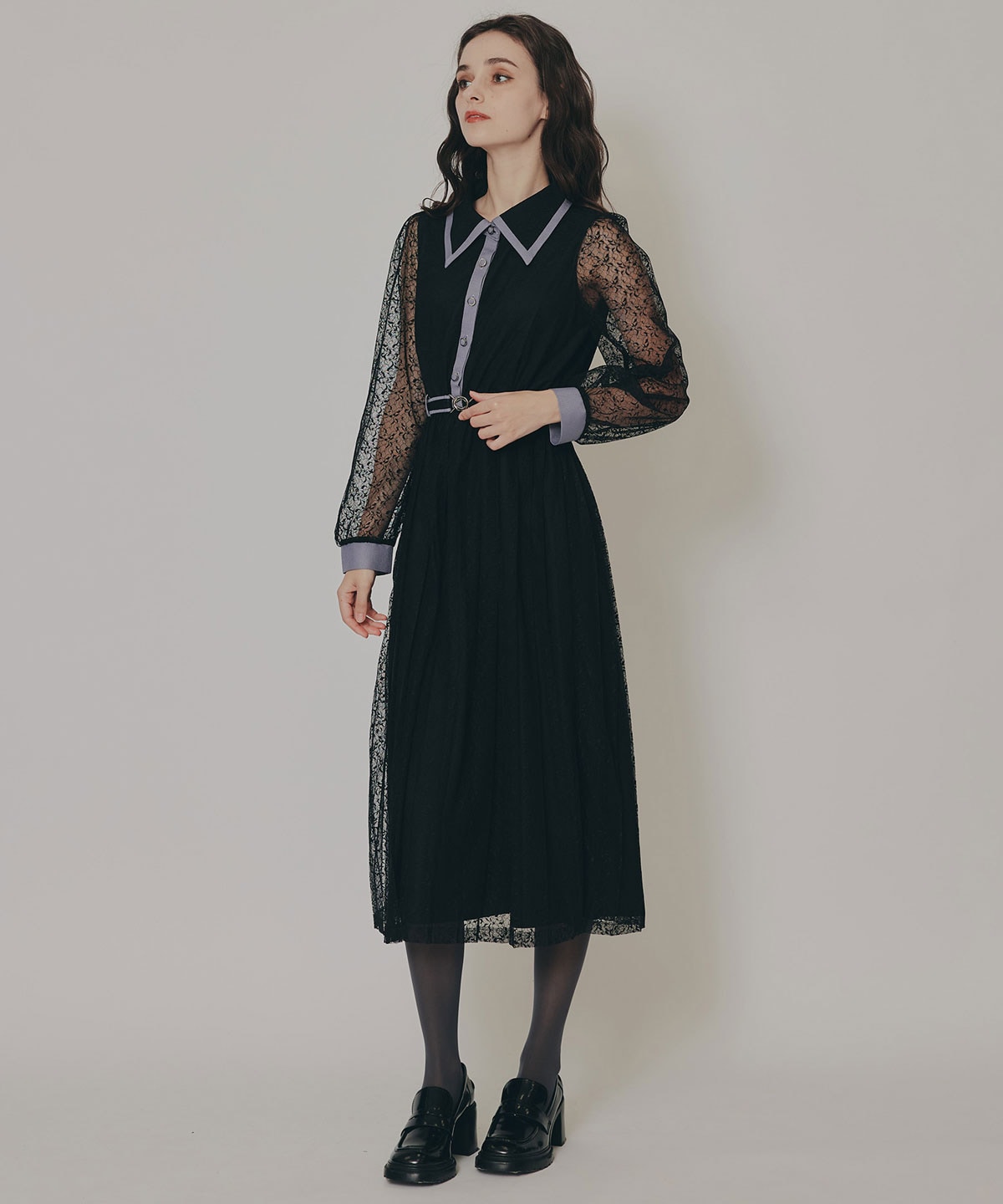 バイカラーレースプリーツロングスリーブワンピース