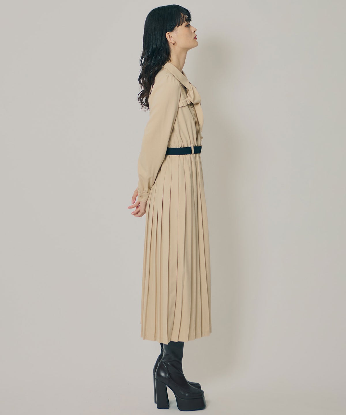 プリーツボウタイシャツロングワンピース