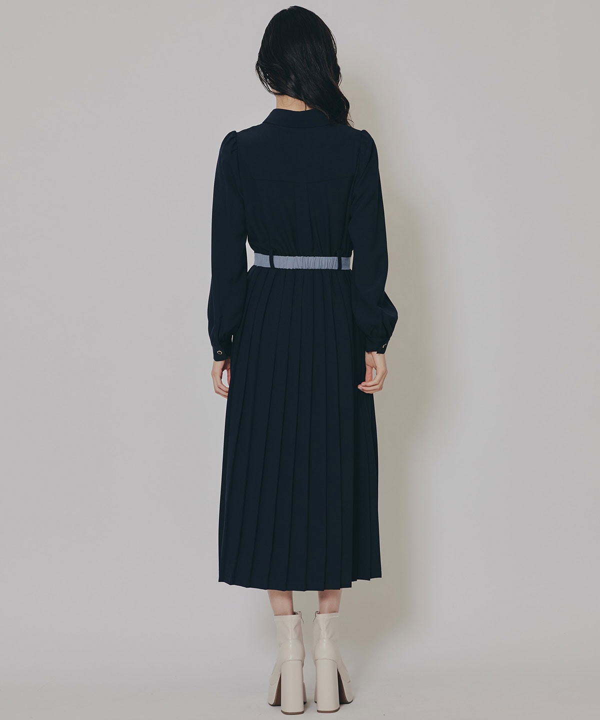 プリーツボウタイシャツロングワンピース