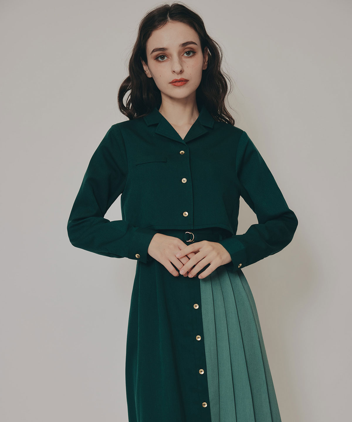 バイカラーアシメプリーツロングスリーブシャツワンピース