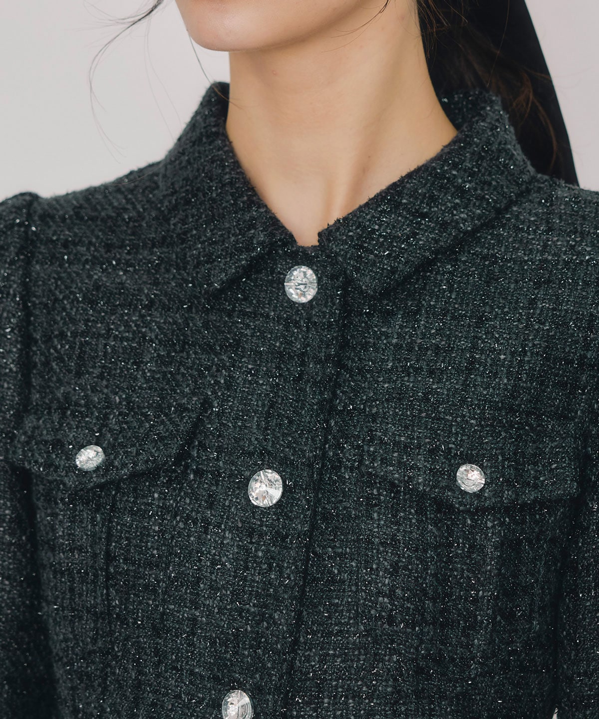 ビジューボタンファンシーツイードシャツミニワンピース