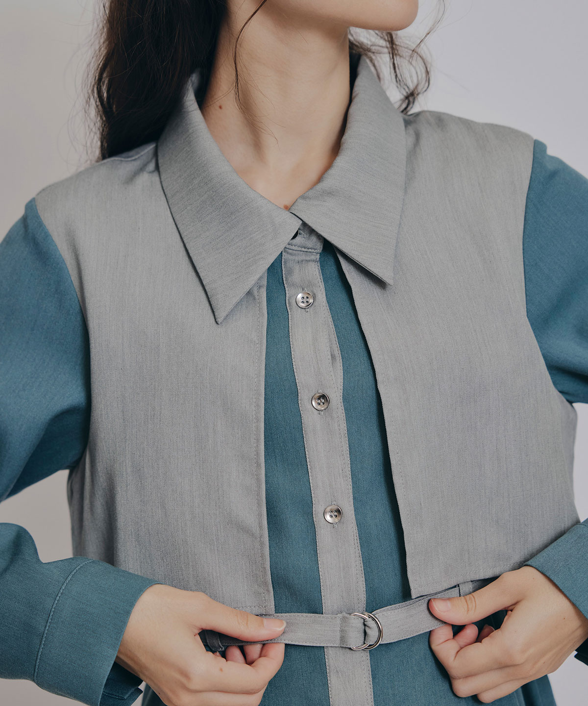 カラーブロッキングシャツロングフレアワンピース