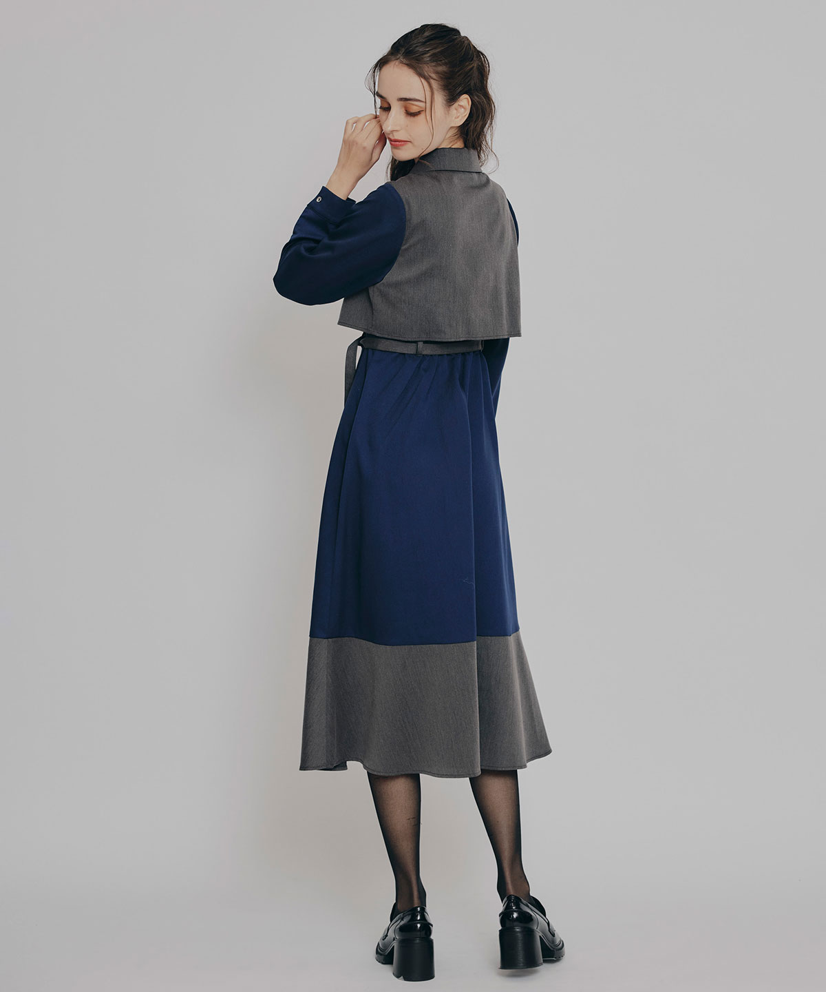 カラーブロッキングシャツロングフレアワンピース