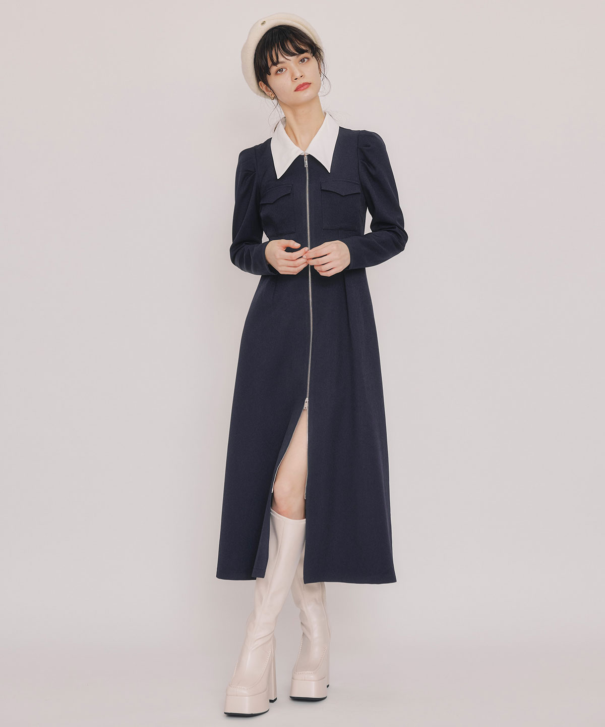 フロントZIPバイカラーロングワンピース