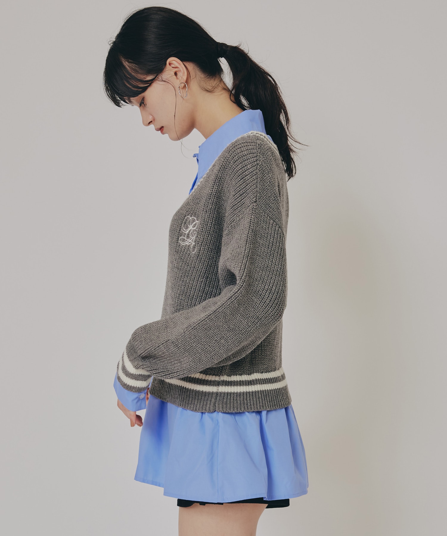 レイヤードシャツドッキングニットプルオーバー