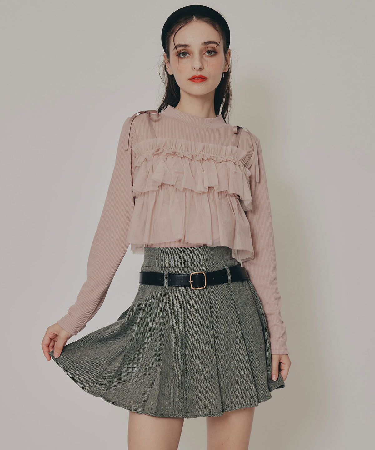 リボンチュールフリルビスチェニットトップス
