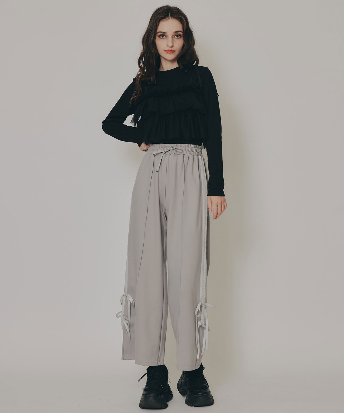 リボンチュールフリルビスチェニットトップス