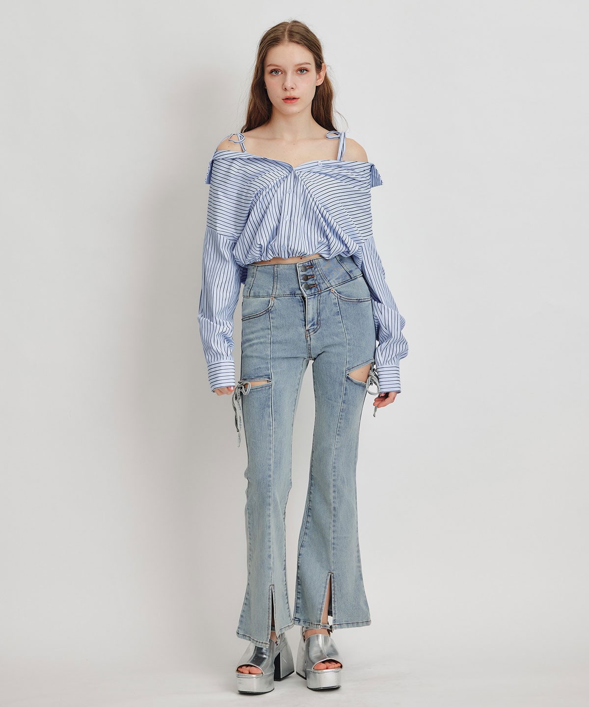 ベアレイヤードストライプバルーンオフショルブラウス