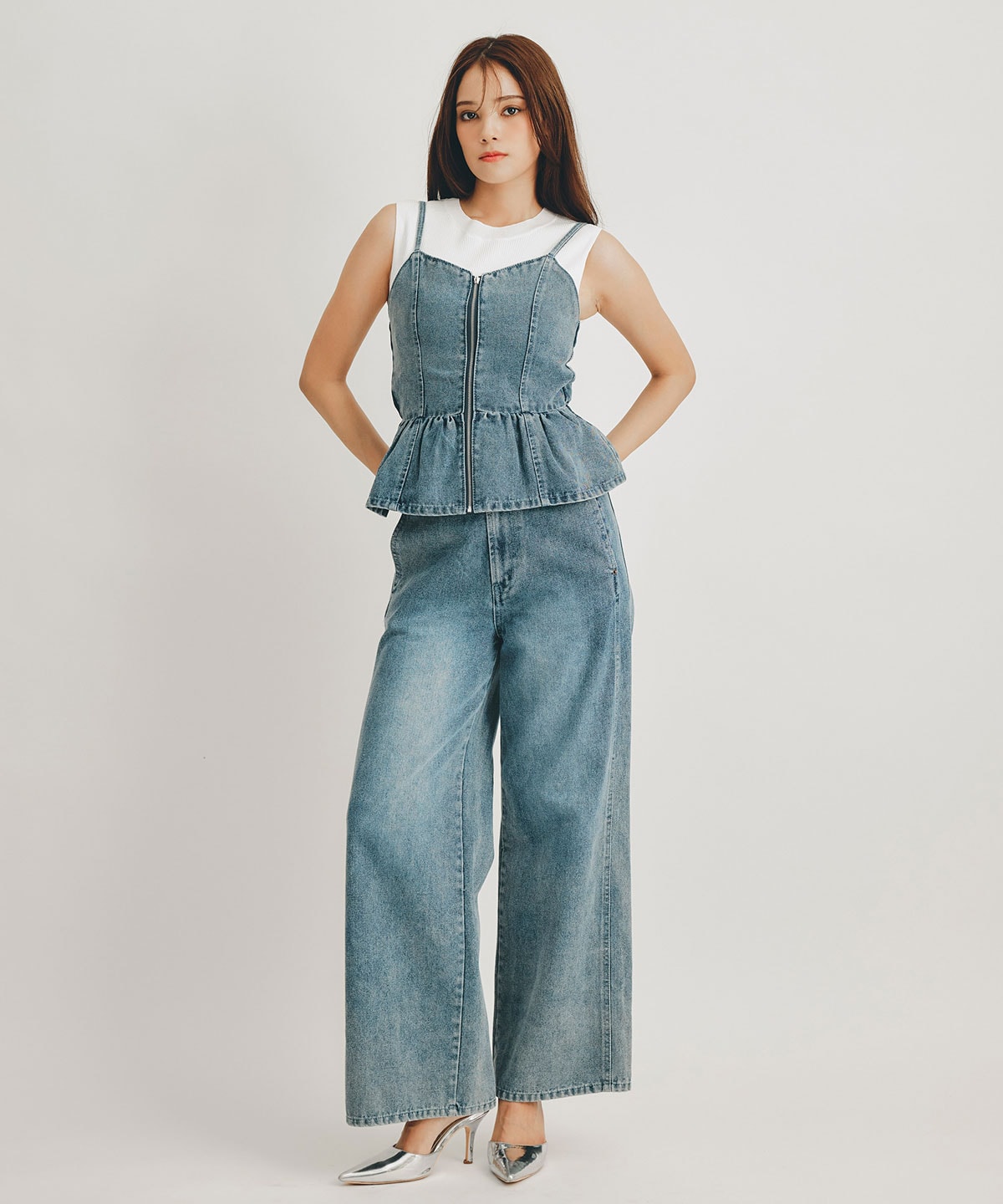 【Vintage Denim Series】ヴィンテージウォッシュバックレースアップデニムビスチェ