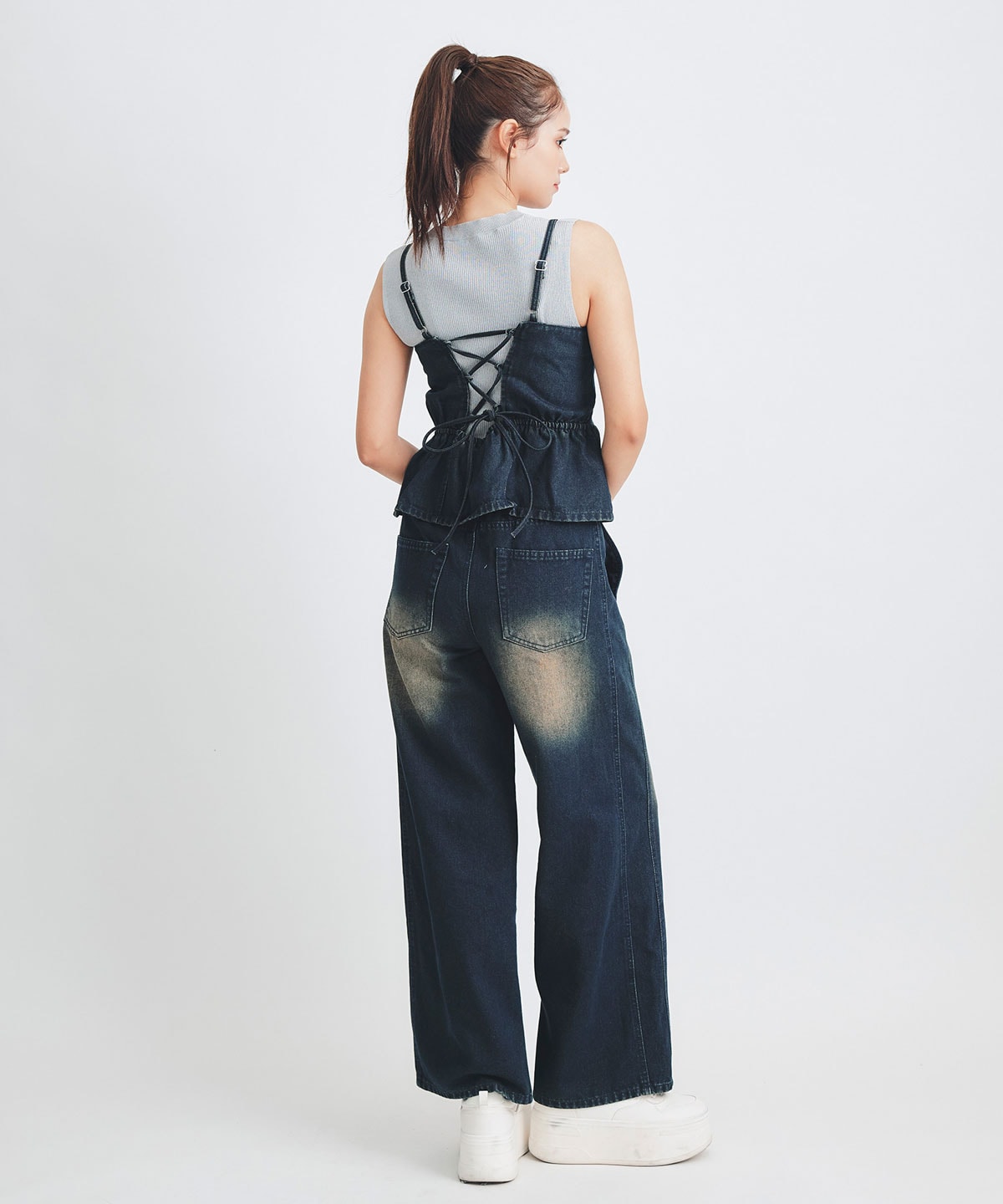 【Vintage Denim Series】ヴィンテージウォッシュバックレースアップデニムビスチェ