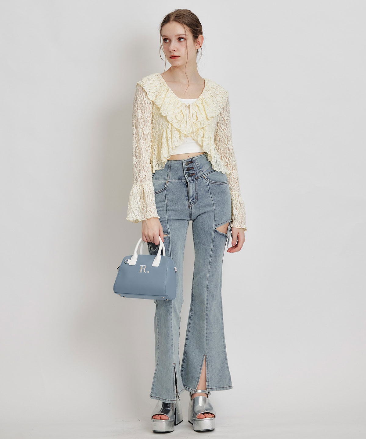 レースフリルカラーショートカーディガン