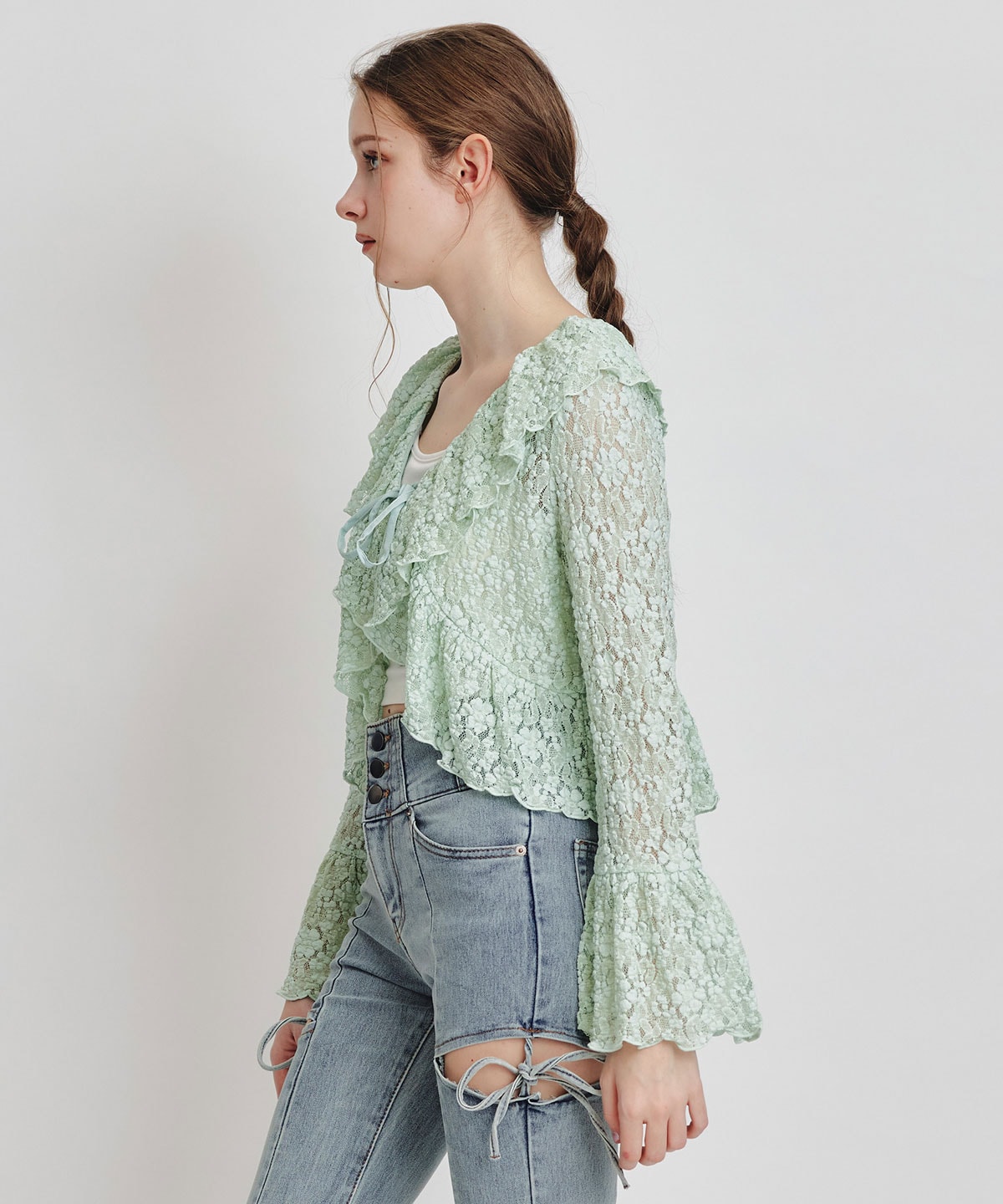 レースフリルカラーショートカーディガン