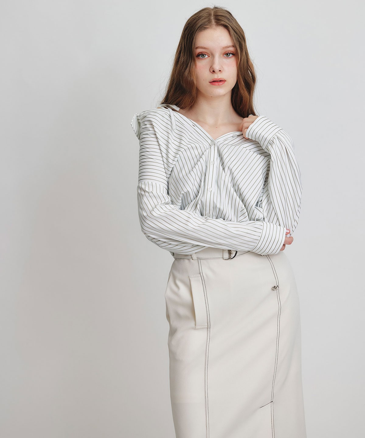 バイカラーステッチカッティングハイウエストタイトロングスカート