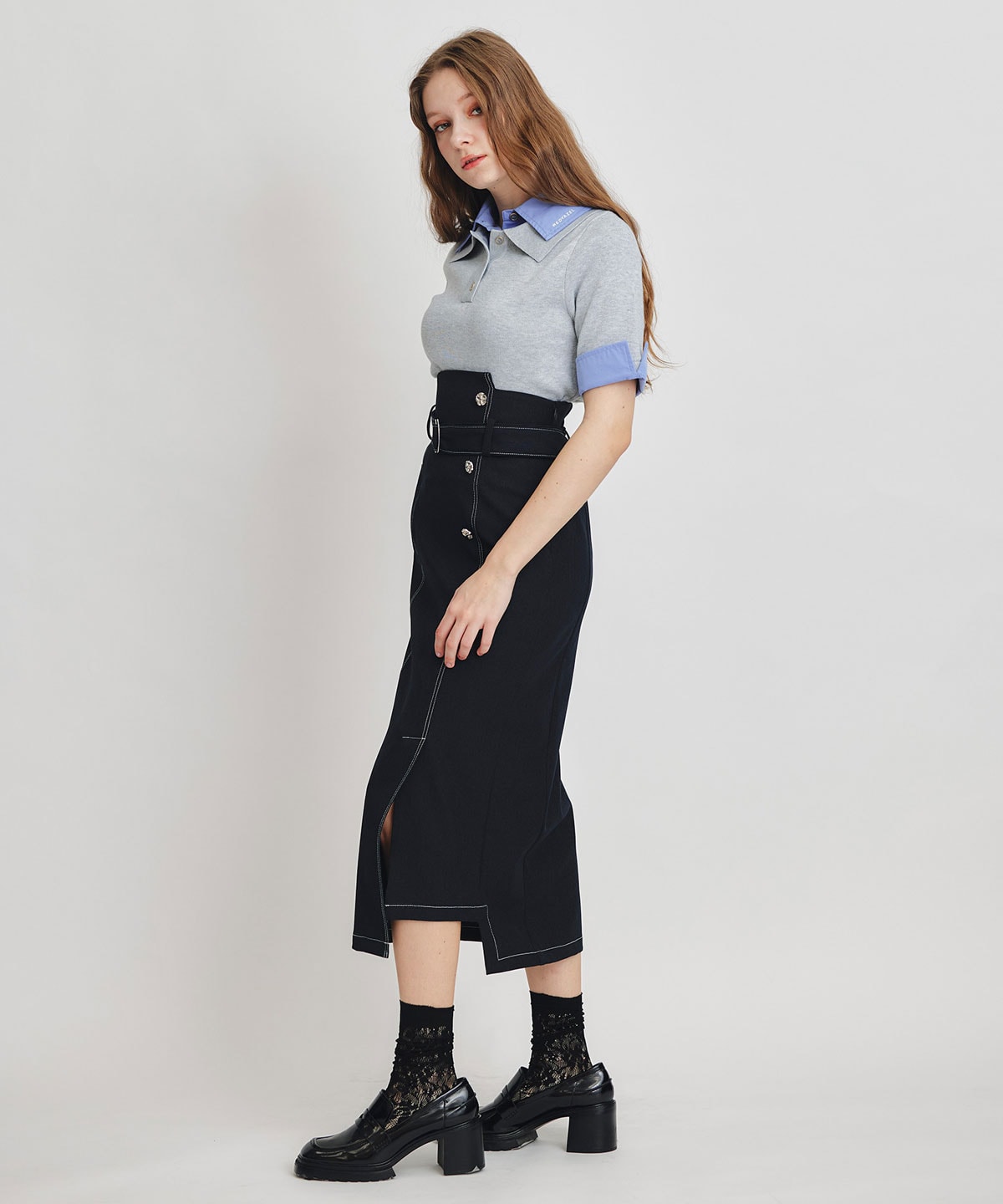 バイカラーステッチカッティングハイウエストタイトロングスカート