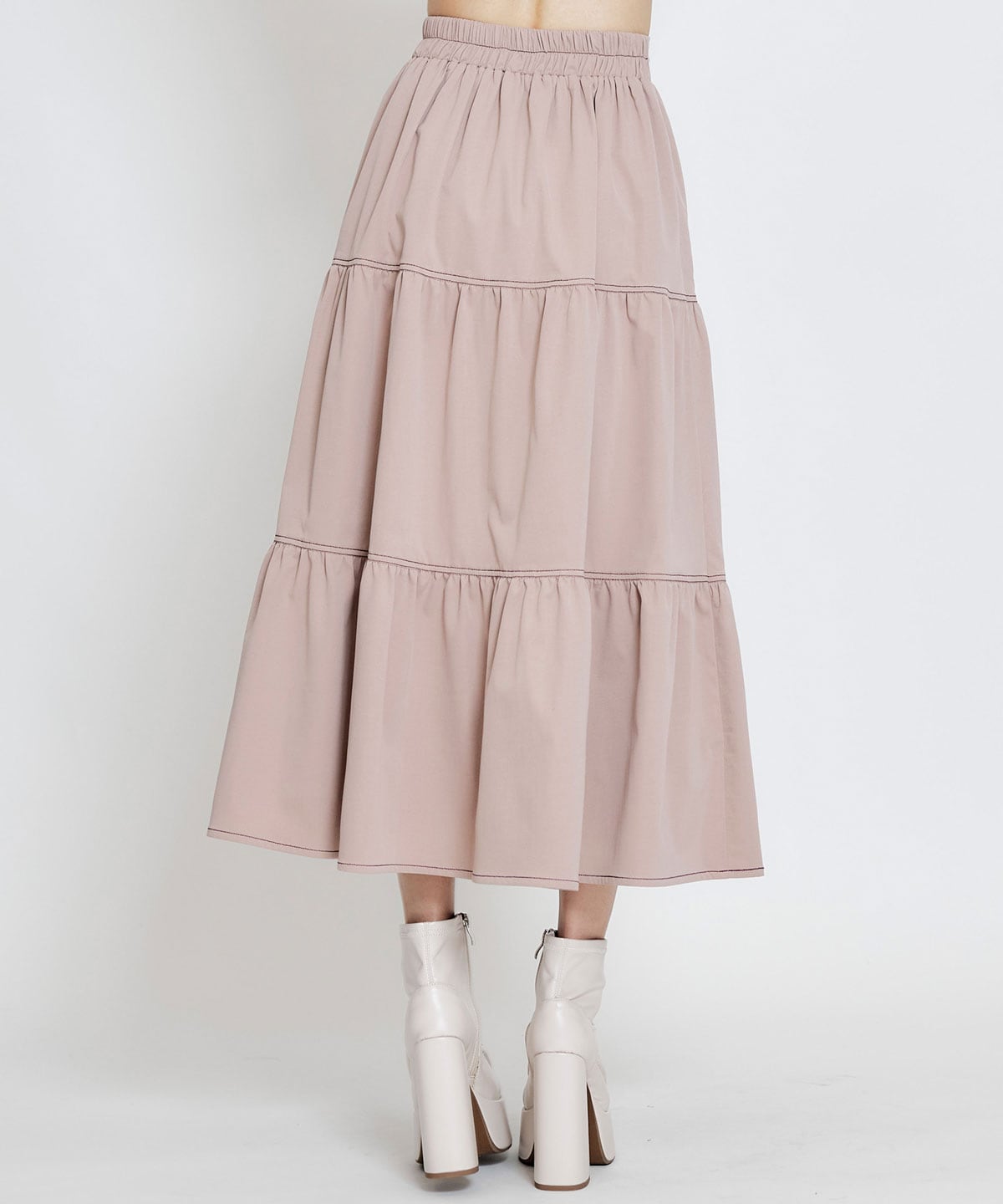 【セットアップ可能】バイカラーステッチティアードロングスカート