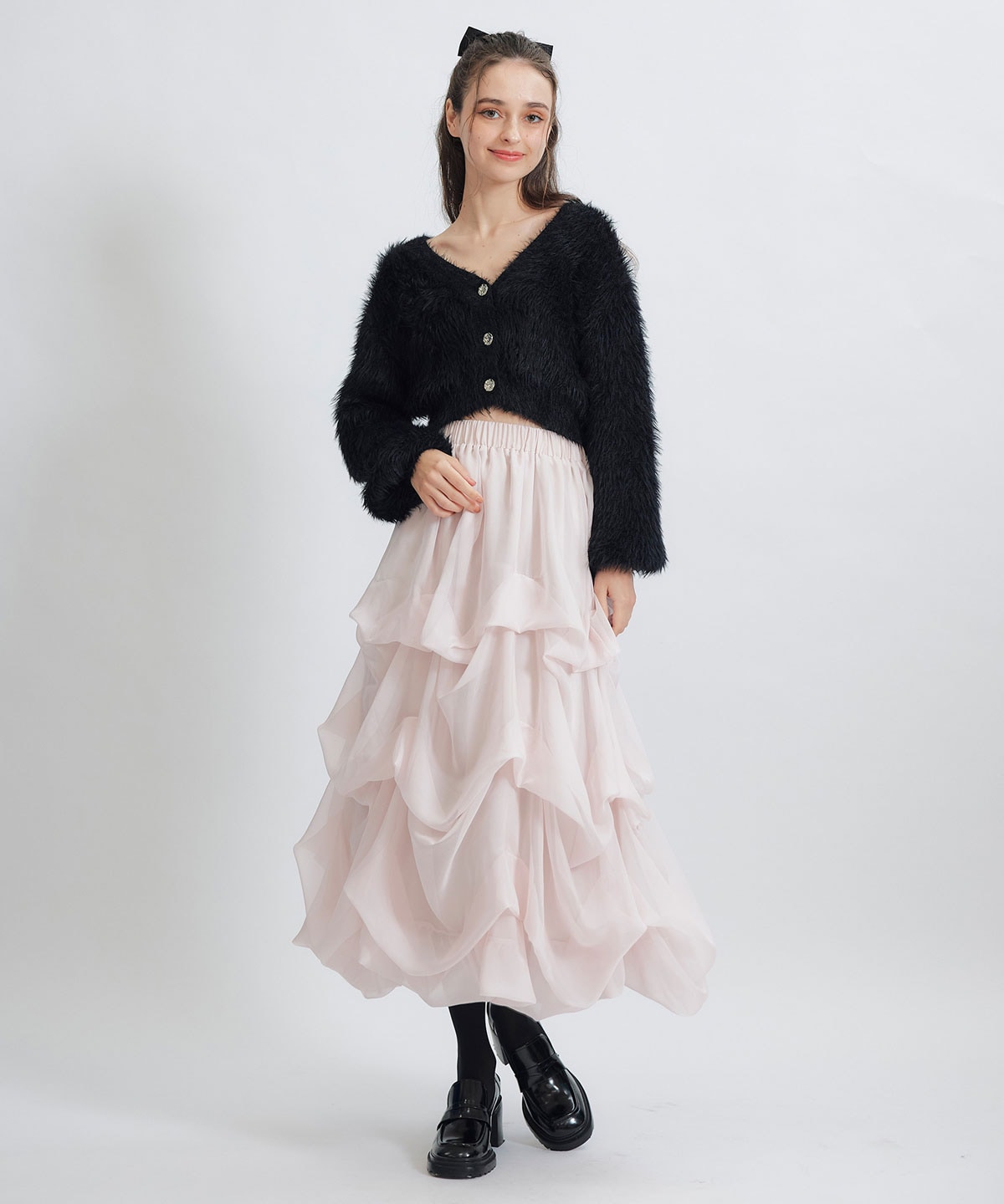 タックバルーンボリュームシフォンロングスカート