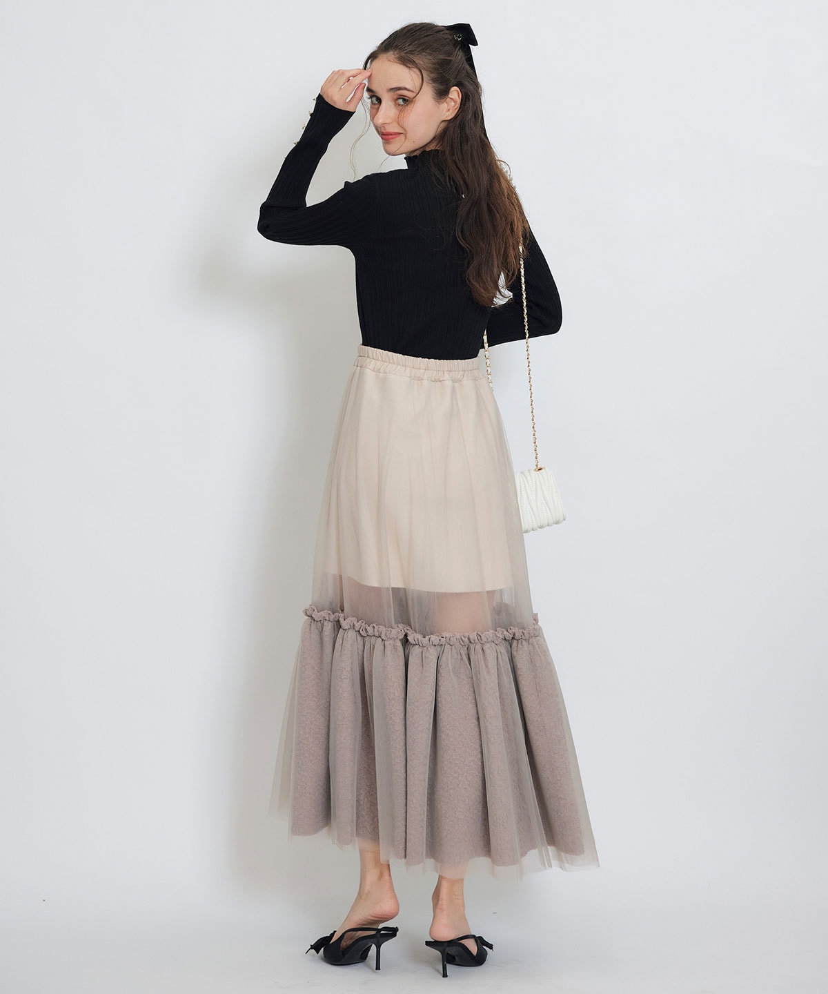 ボリュームシアーチュールフレアロングスカート