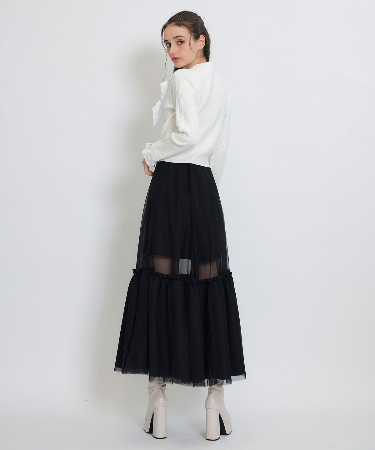 ボリュームシアーチュールフレアロングスカート