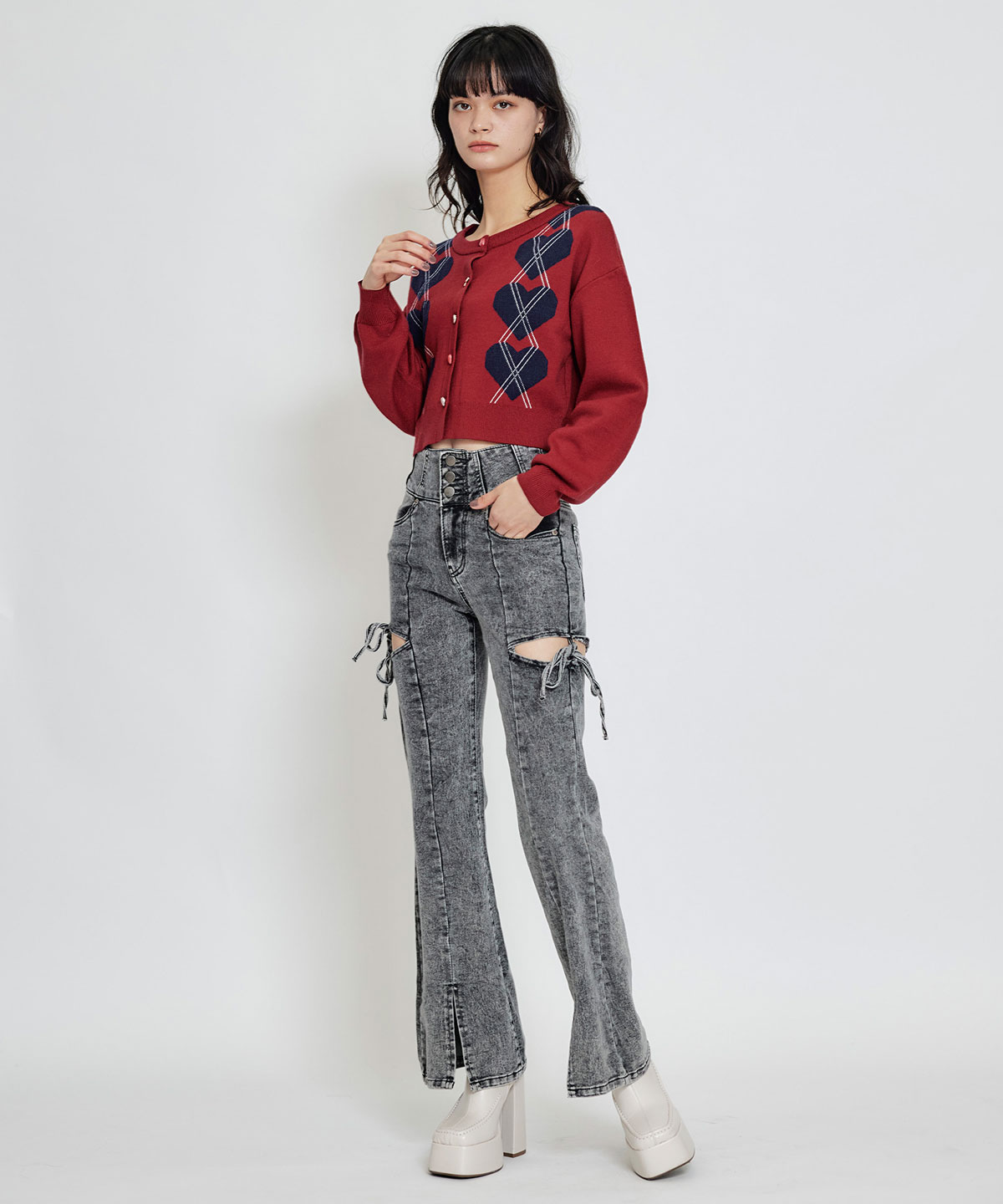 カットアウトリボンストレッチデニム