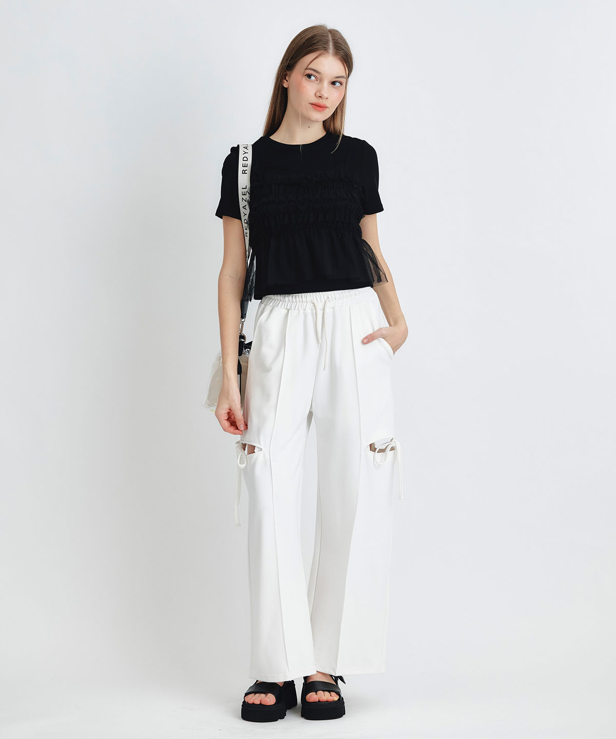 サイドカッティングリボンワイドパンツ