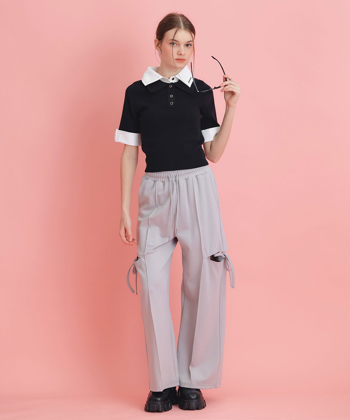 サイドカッティングリボンワイドパンツ