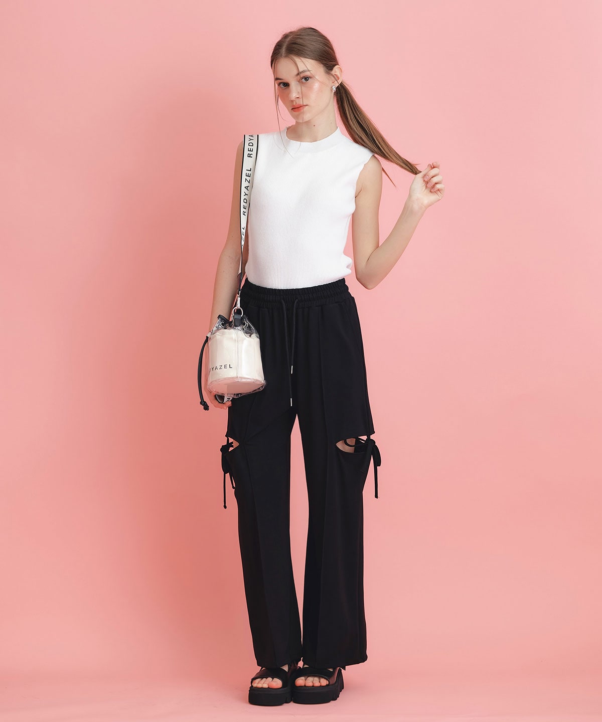 サイドカッティングリボンワイドパンツ