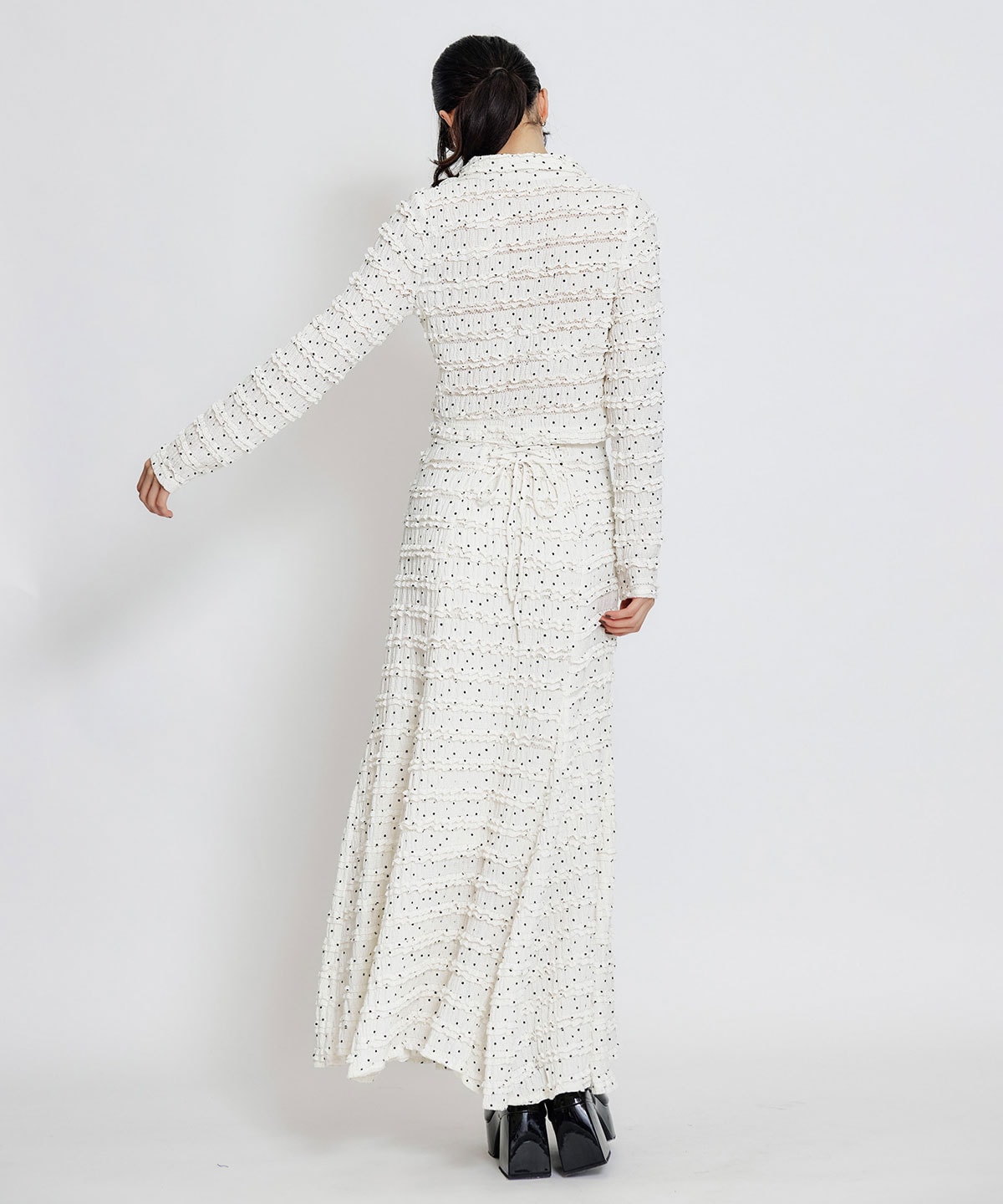 ミニフリルZIPブラウス×ミニフリルフレアロングスカートセットアップ