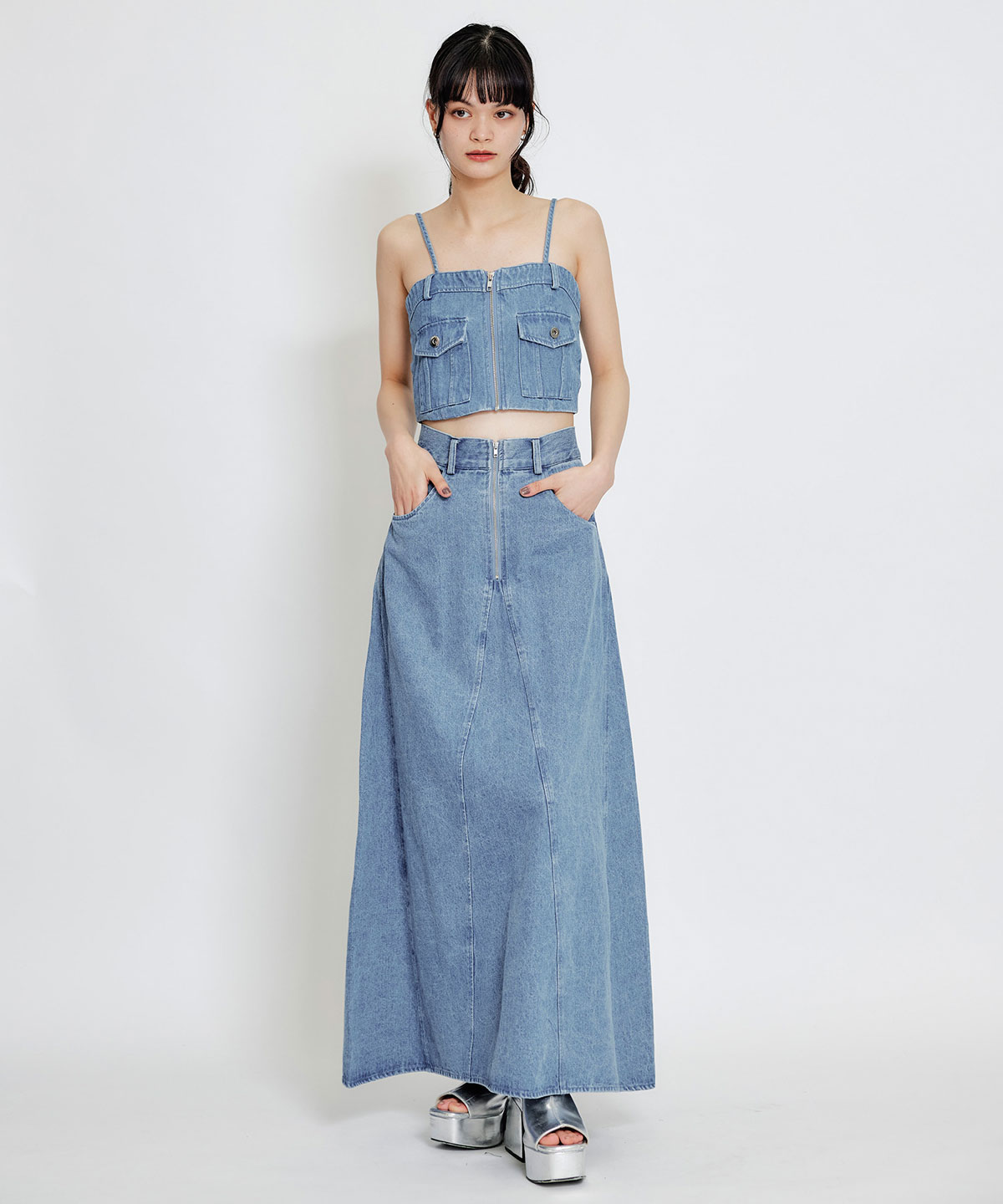 【Chemical Wash Series】ケミカルウォッシュデニムショートビスチェ×ZIPフレアロングスカート