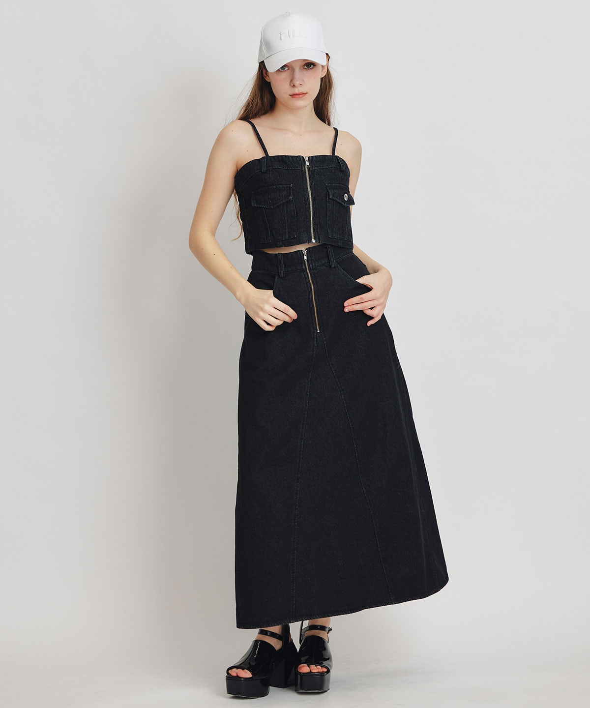 【Chemical Wash Series】ケミカルウォッシュデニムショートビスチェ×ZIPフレアロングスカート