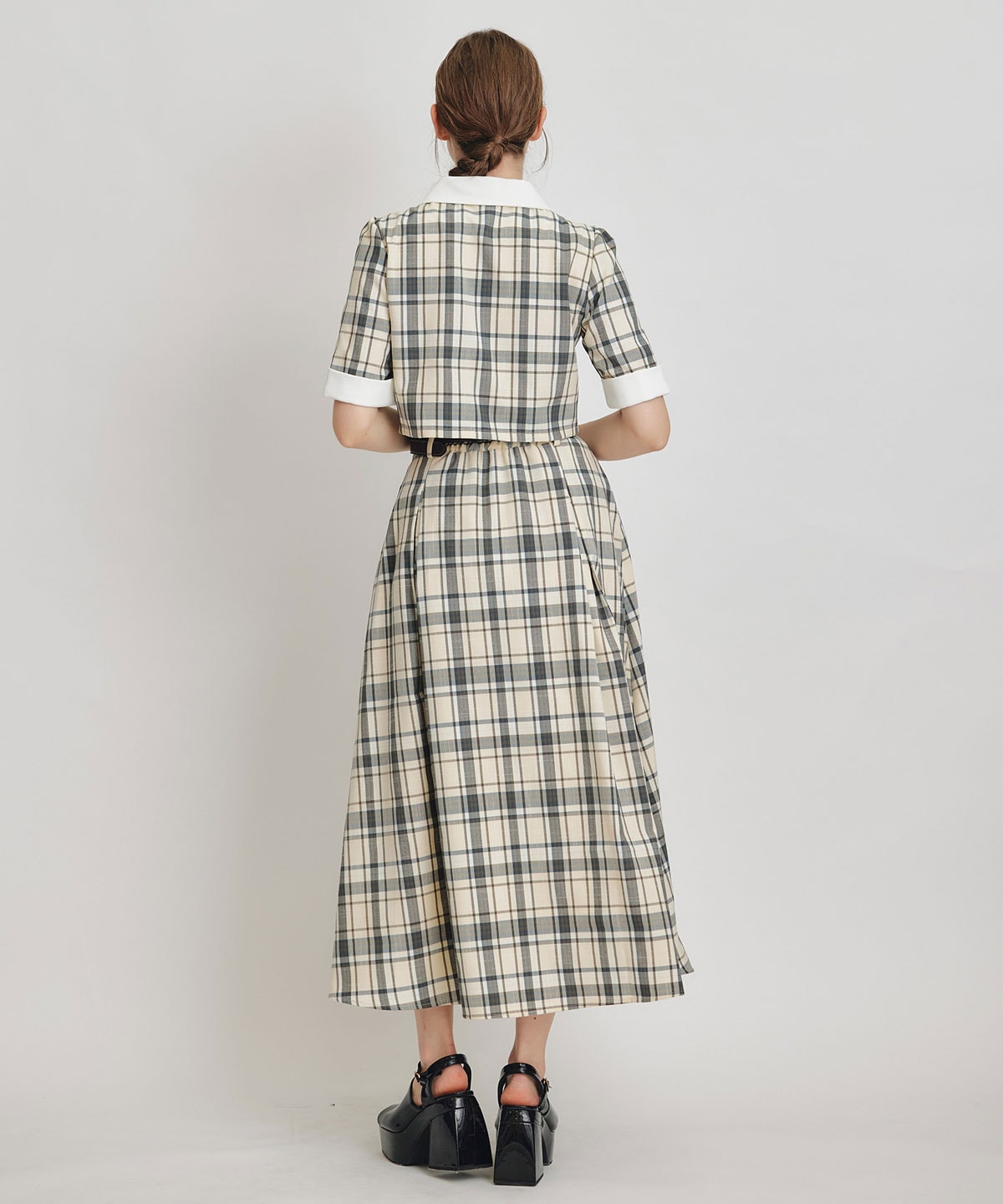 バイカラーチェックブラウス×フレアロングスカートセットアップ