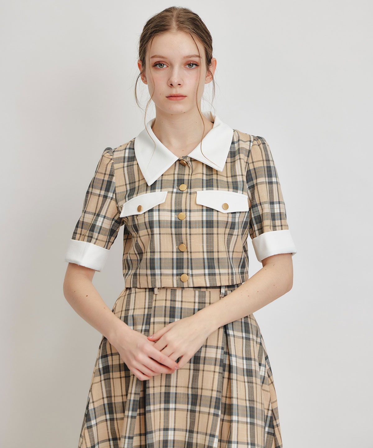 バイカラーチェックブラウス×フレアロングスカートセットアップ