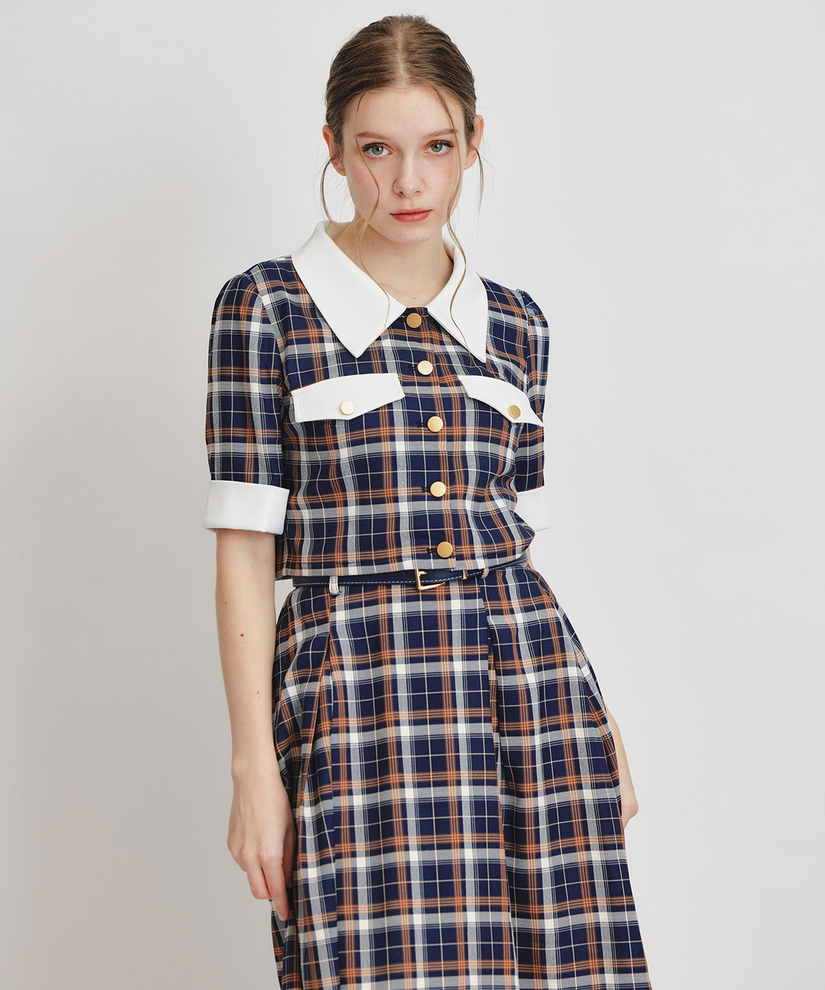 バイカラーチェックブラウス×フレアロングスカートセットアップ