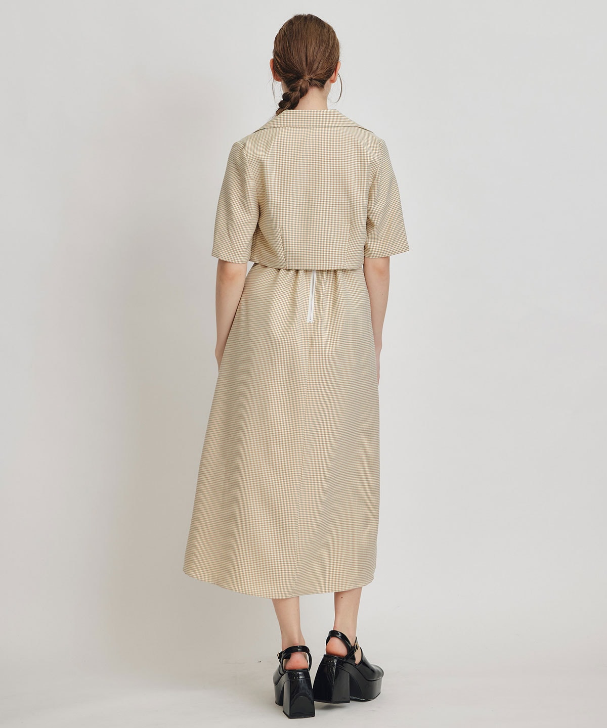 チェックショートジャケットｘアクセントベルトフレアロングワンピースセットアップ
