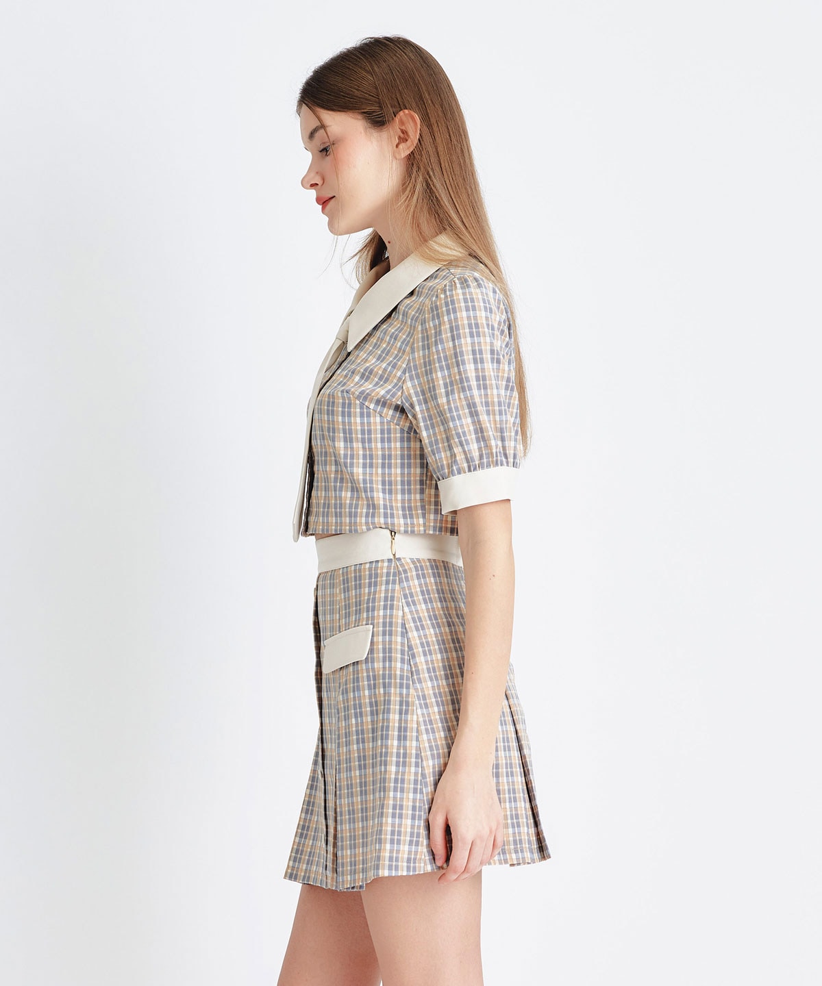 プレッピーネクタイチェックブラウス×プリーツミニスカートセットアップ