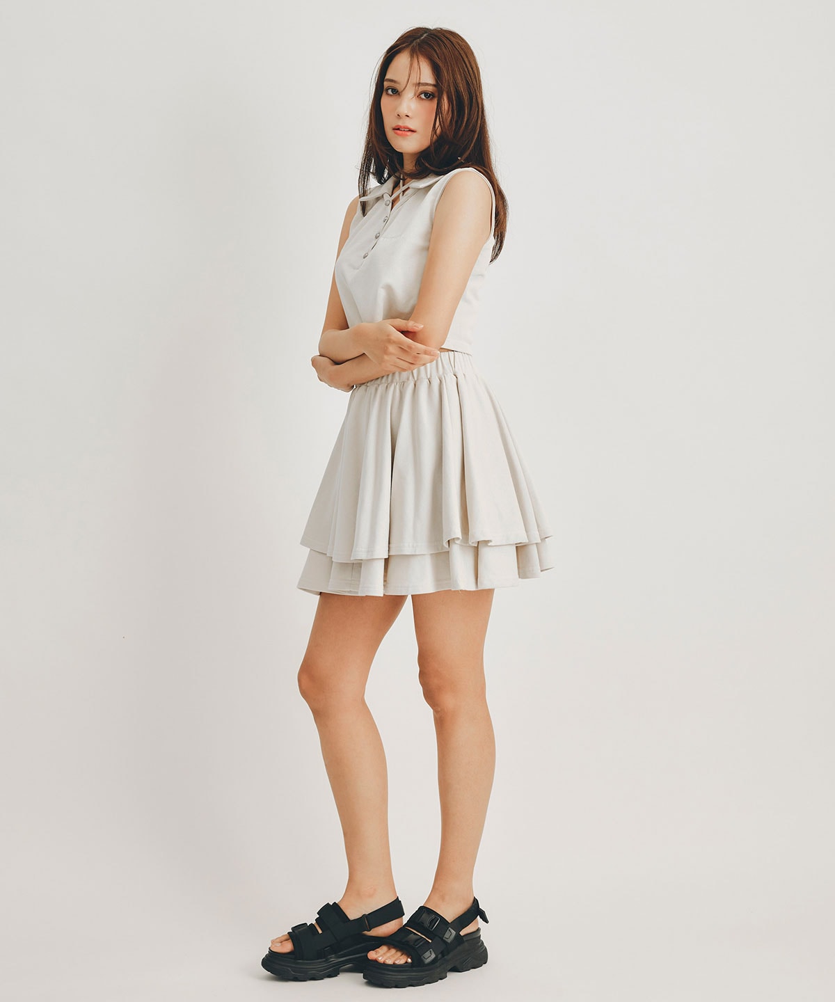 クロスリボンポロトップス×ティアードミニスカートセットアップ