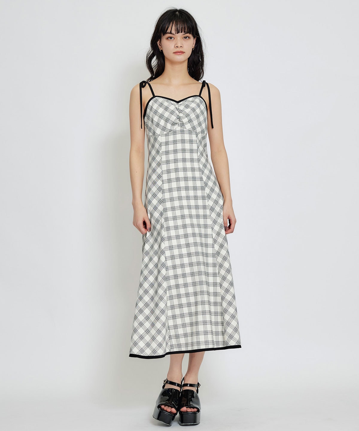 パイピングリボンキャミソールチェックフレアロングワンピース