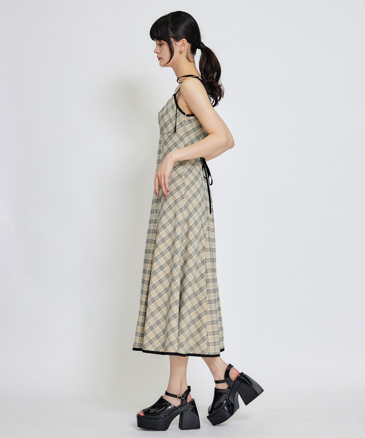 パイピングリボンキャミソールチェックフレアロングワンピース