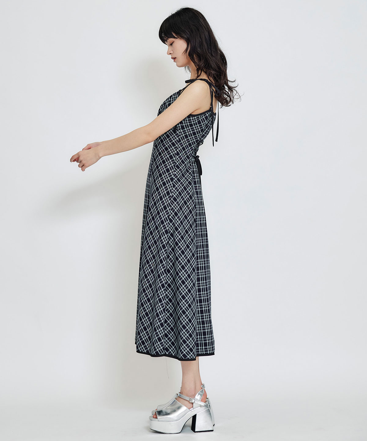パイピングリボンキャミソールチェックフレアロングワンピース