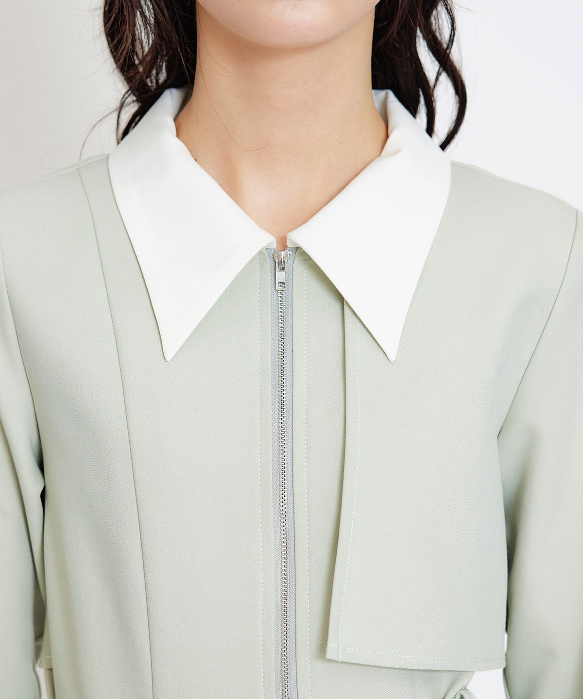 フロントZIPバイカラーロングシャツワンピース