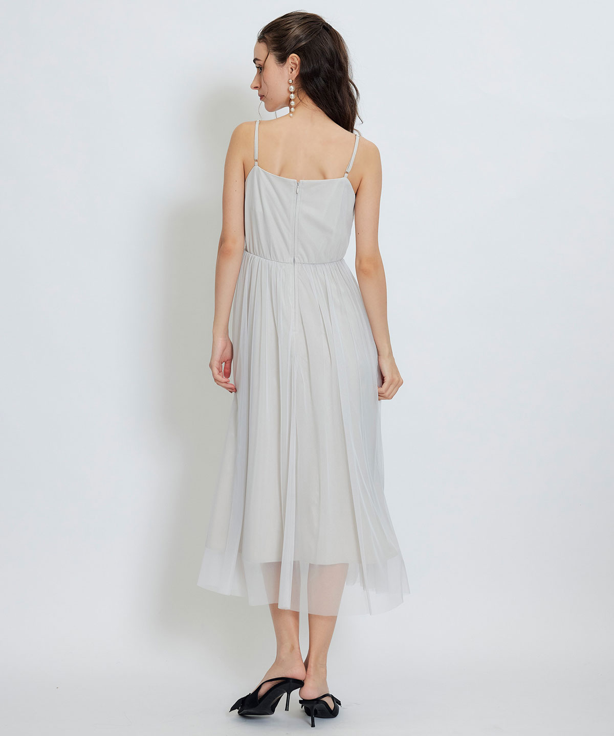 チュールレースティアードトップス×キャミソールフレアロングドレス