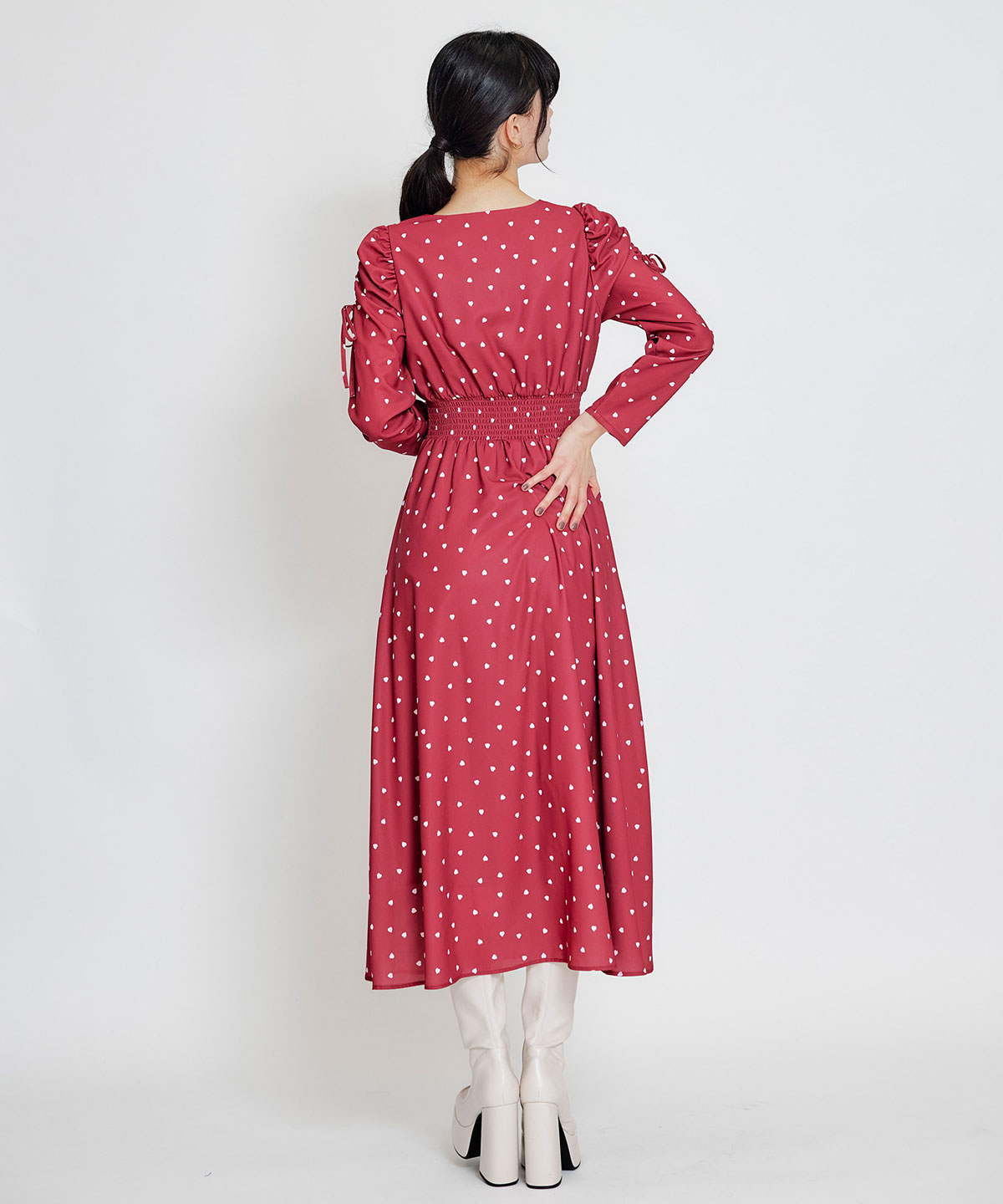 Love Me Heart ギャザーリボンロングフレアワンピース