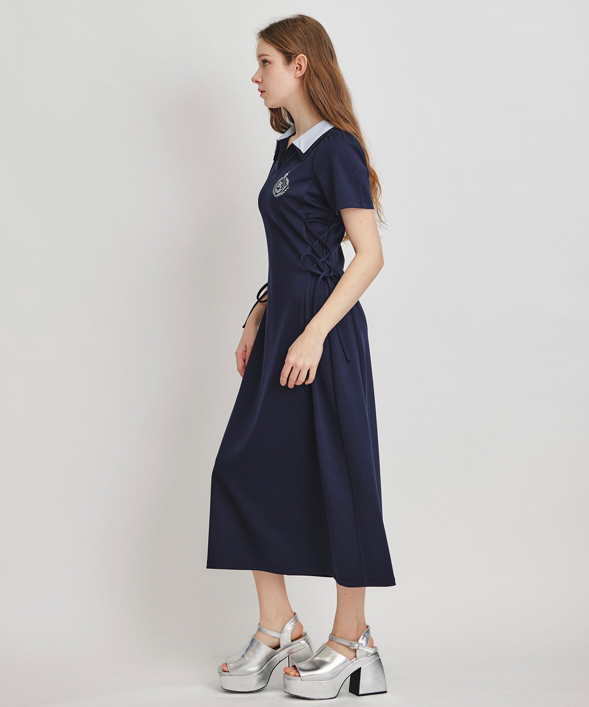 ポロカットレースアップフレアロングワンピース