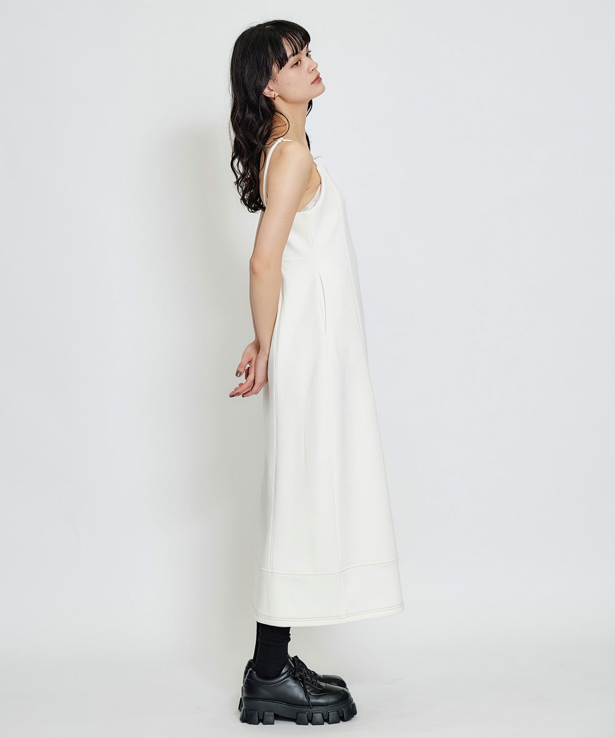 【セットアップ可能】バイカラーステッチカットロングワンピース