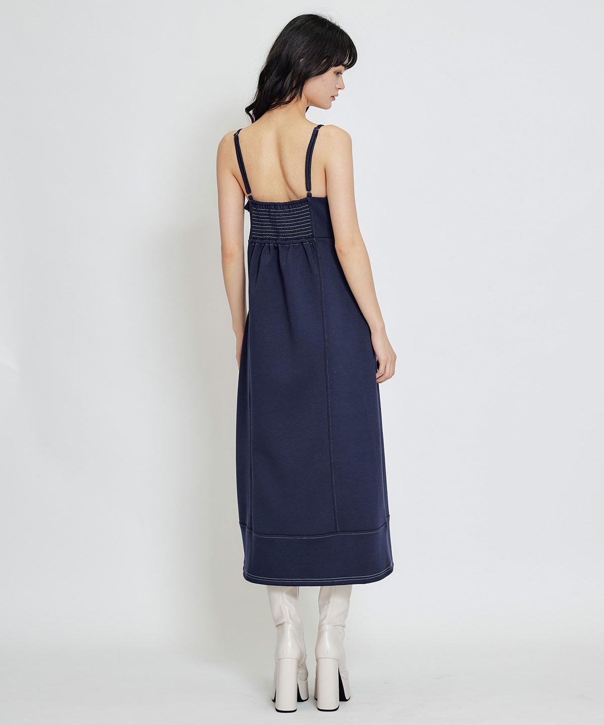 【セットアップ可能】バイカラーステッチカットロングワンピース