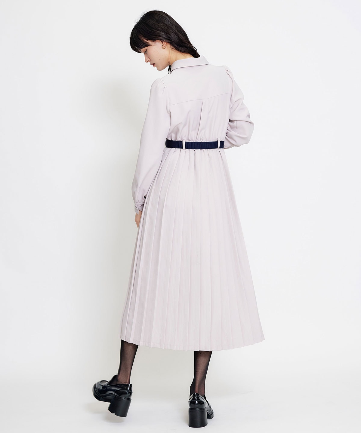 リボンタイプリーツロングシャツワンピース