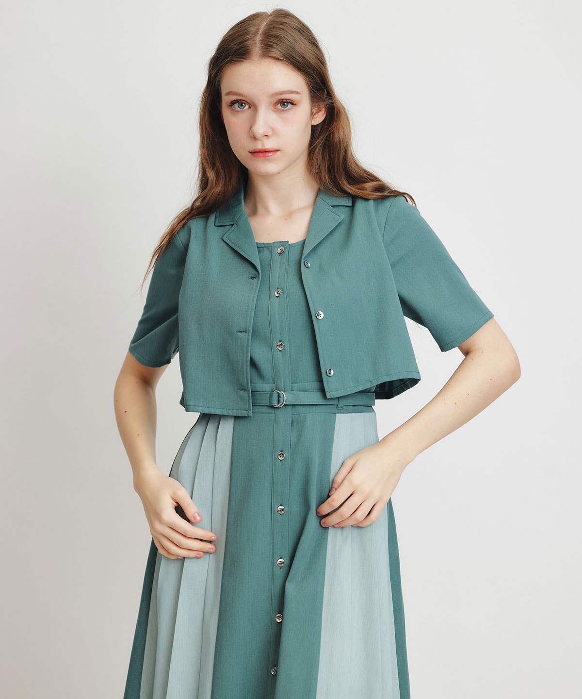 レイヤードサイドプリーツバイカラーロングワンピース