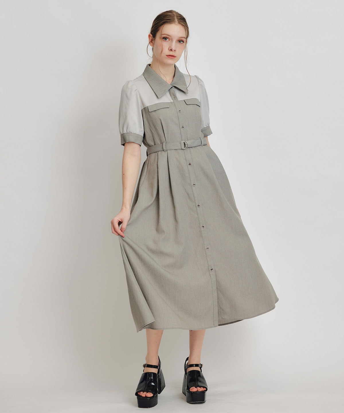 コントラストカラーシャツフレアロングワンピース