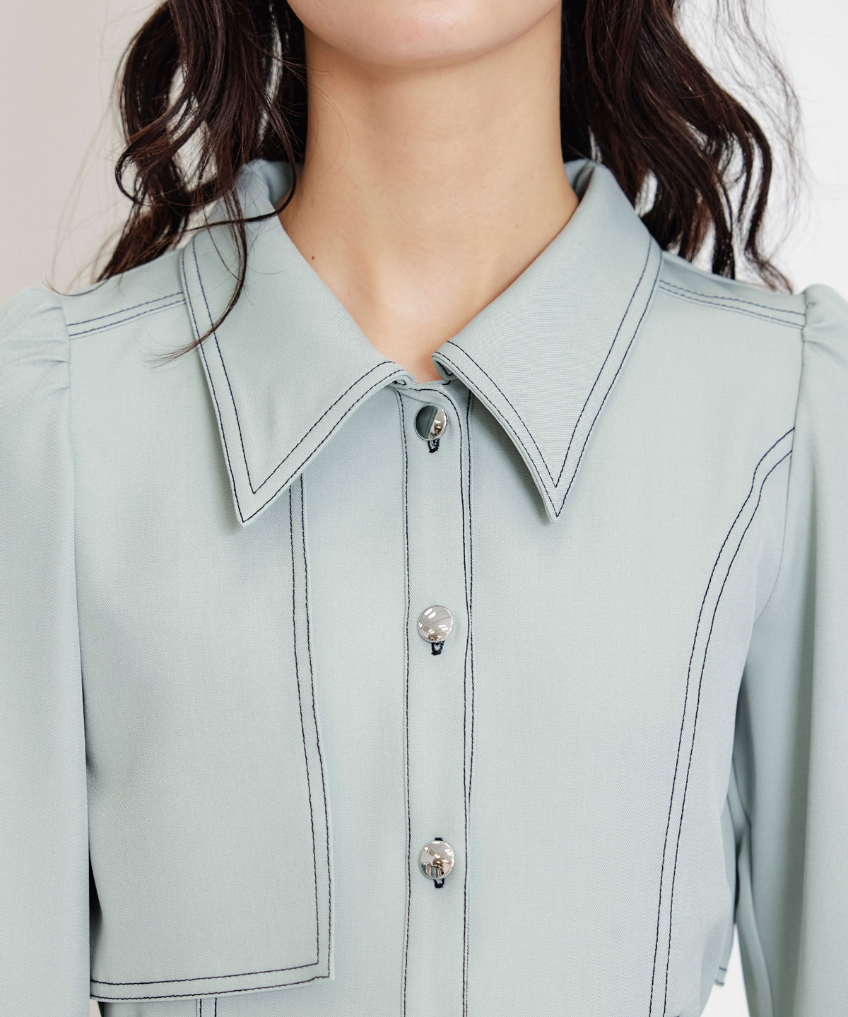 バイカラーステッチフレアミニシャツワンピース